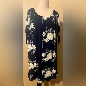 Navy Blue Floral Embroidered Midi Dress